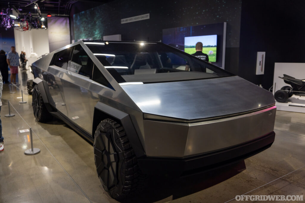 Photo of the Tesla Cybertruck in a showroom.