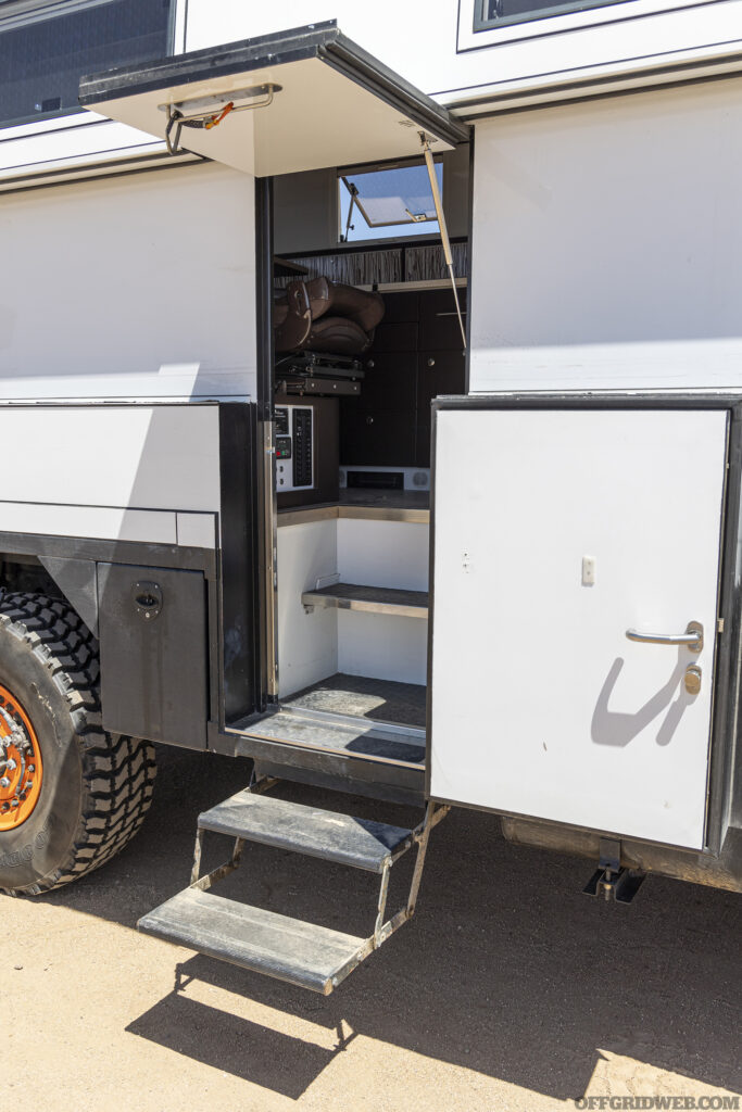 Photo of the steps and side door access to the mil spec overland LMTV.