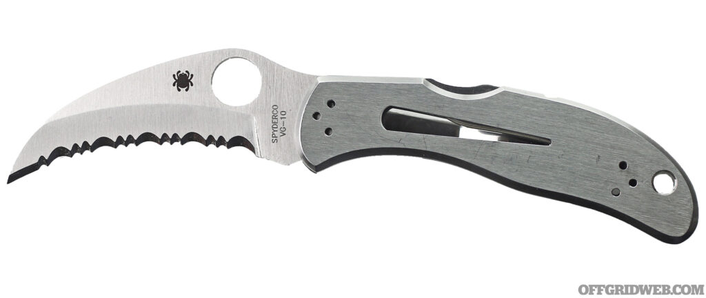 Studio photo of the Spyderco Harpy hawkbill blade in the open position.