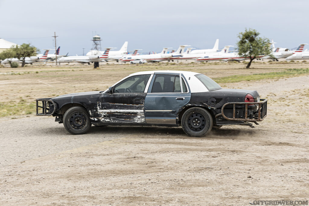 A banged up four-door sedan used for training emergency vehcile manuevers.