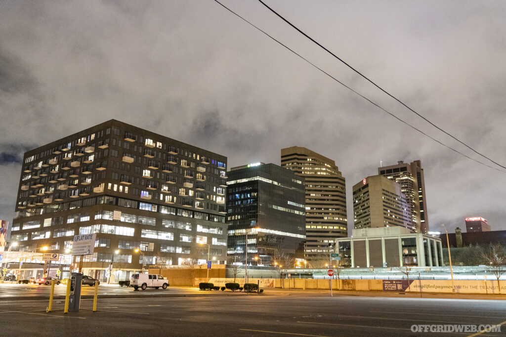 Photo of a city skyline in the evening, highlighting areas that may help in reducing your criminal risk profile.